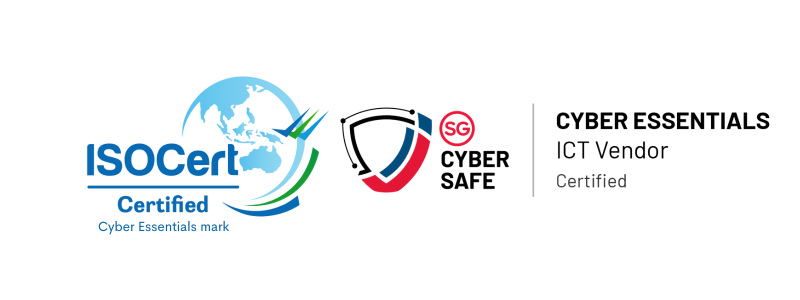 ISOCert Certified Cyber Essentials mark alongside the SG Cyber Safe Cyber Essentials ICT Vendor Certified logo