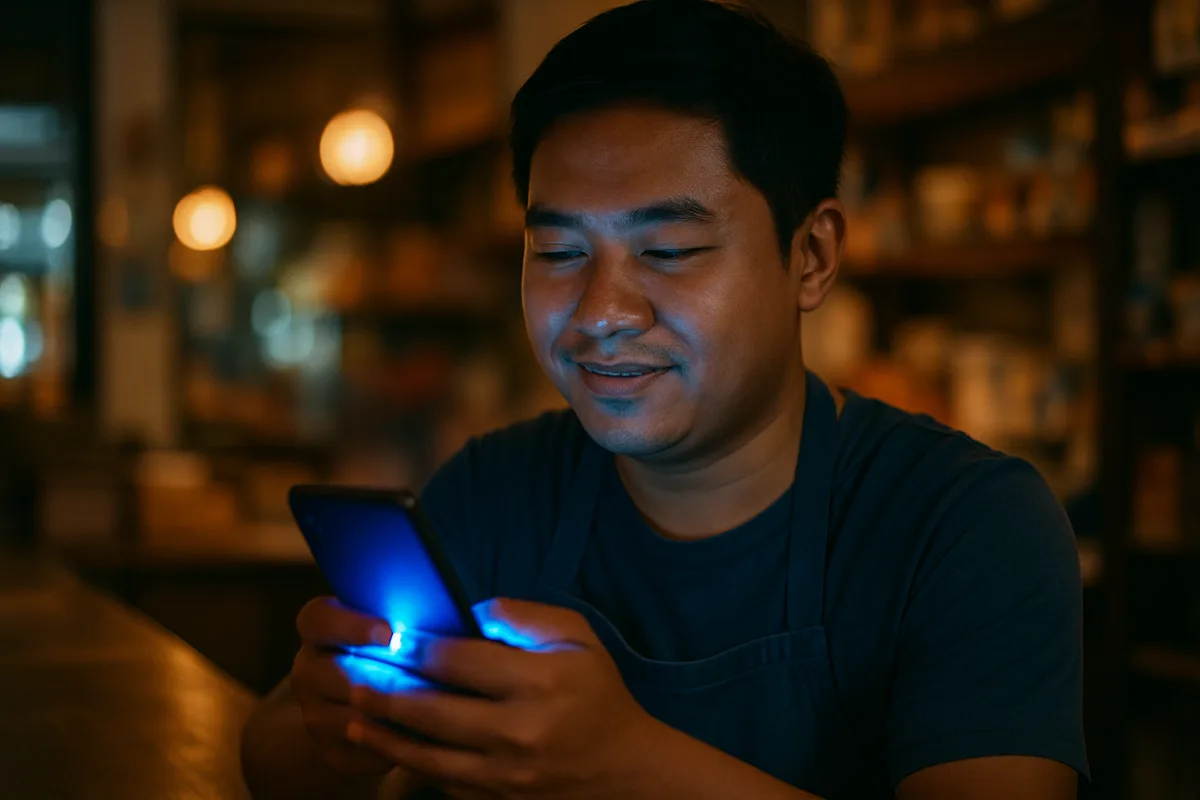 A Singapore business owner responding to Facebook Messenger enquiries, lit by a blue message glow
